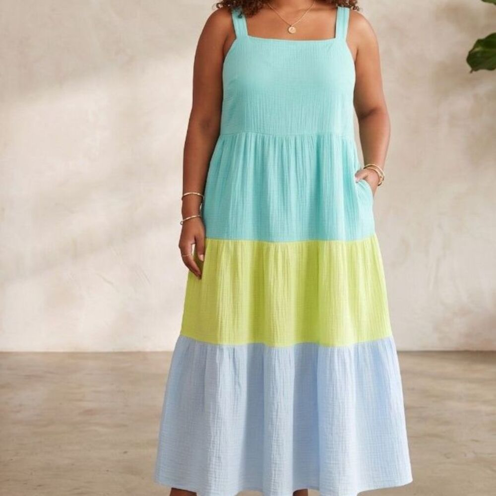 Women's Multi Colorblock Flowy Gauze Maxi Dress Plus Size 4X